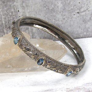 Sterling Silver Michael Valitutti Hinged Bangle Bracelet Blue Topaz Scroll